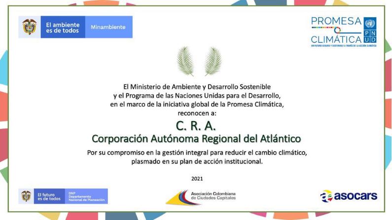 PNUD reconoce Plan de Acción de la C.R.A como Promesa Climática en Colombia. El reconocimiento fue entregado mediante ceremonia virtual en el marco del Lanzamiento de la actualización de las contribuciones determinadas a nivel nacional (NDC por sus siglas en inglés).