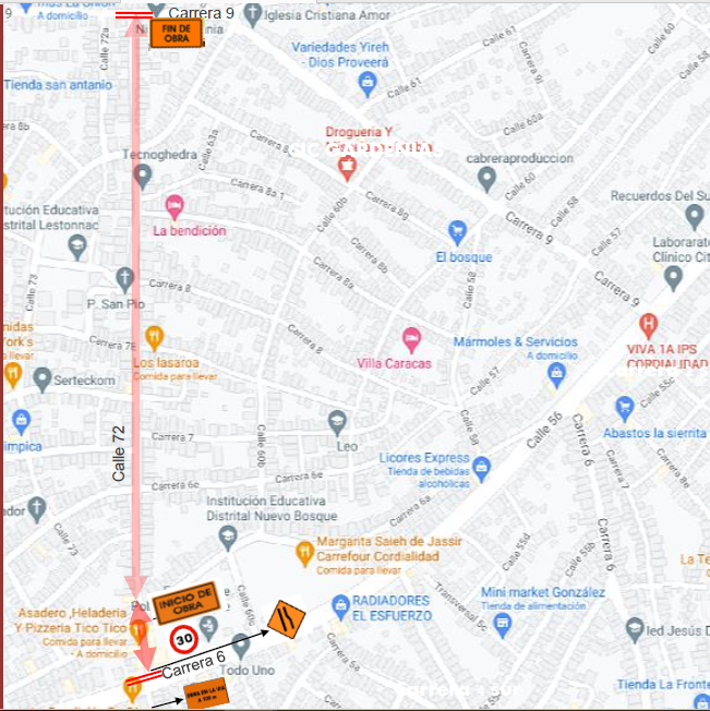 A partir del sábado 5 de marzo y hasta el 2 de MAYO 2022, cierre parcial de la Calle 72 entre Carrera 6 Y 9.