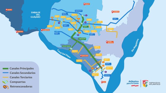 Limpieza de 122 km de canales: apuesta del Atlántico para evitar las inundaciones en el sur del departamento.Gráfico: Canales-Embalse. Fuente: Gobernación del Atlántico